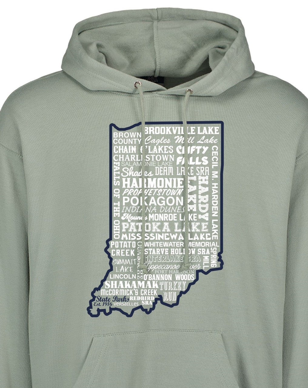 Sage green hoodie with Indiana state outline design on a white background