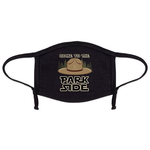 Black face mask with a graphic of a hat and text 'Come to the Park Side' on a white background