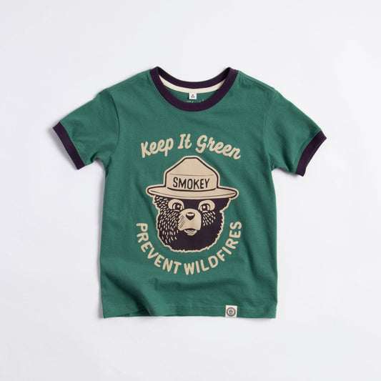 Green t-shirt with Smokey Bear graphic and text on a white background