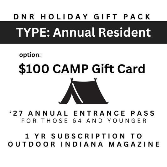 Image for a DNR camp holiday gift pack with a $100.00 gift card, a 2027 State Parks Annual Entrance Pass, and a 1 year subscription to the Outdoor Indiana magazine with the image of a tent.