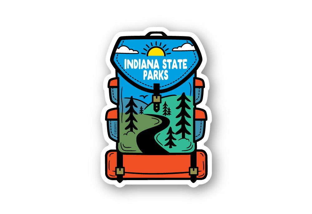 Sticker of a hiking backpack with daytime forest image inside the backpack and 'Indiana State Parks' text
