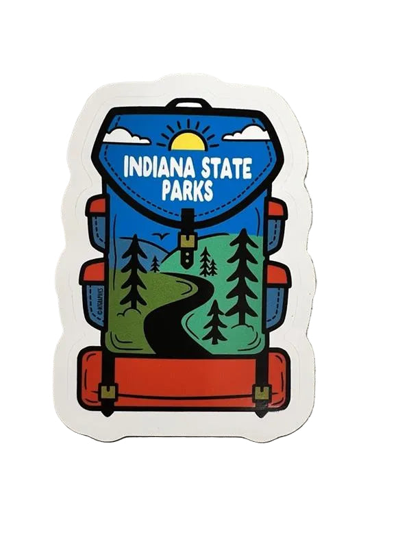 Sticker of a hiking backpack with daytime forest image inside the backpack and 'Indiana State Parks' text