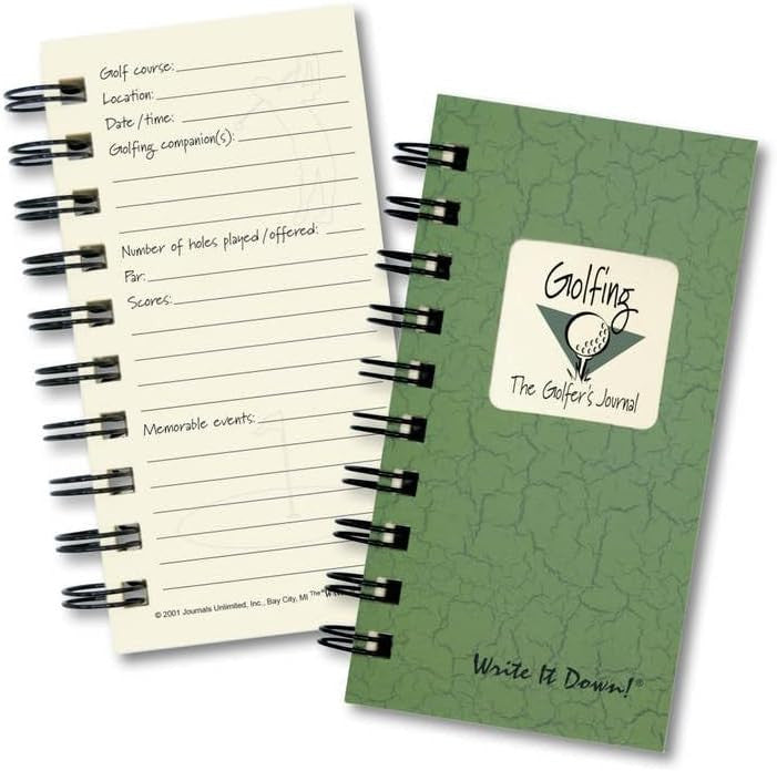 Green notebook with golf-themed journal pages on a white background