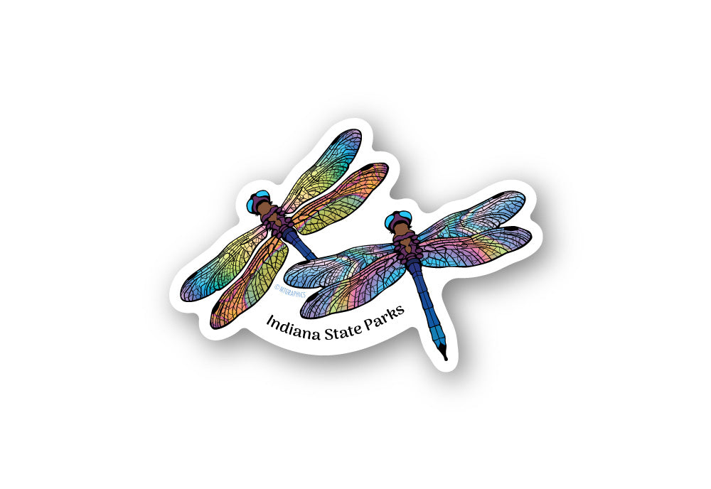 Colorful dragonfly design with 'Indiana State Parks' text on a white background