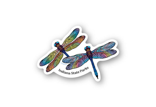 Colorful dragonfly design with 'Indiana State Parks' text on a white background