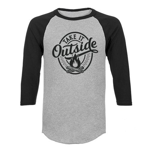 Gray and black baseball shirt with 'Take It Outside' graphic on a white background