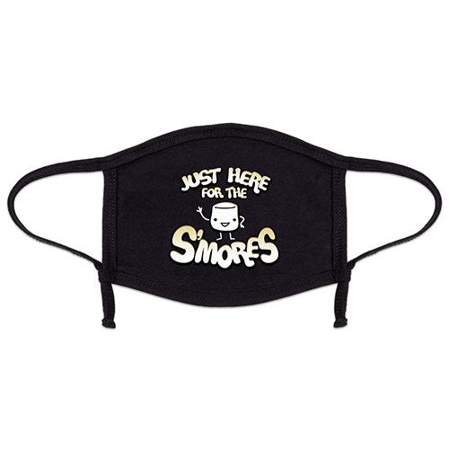 black face mask with marshmallow with text Just here for the s'mores
