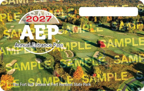 A 2027 State Parks Annual Entrance Pass with an image of the Fort Golf Course at Fort Harrison State Park.