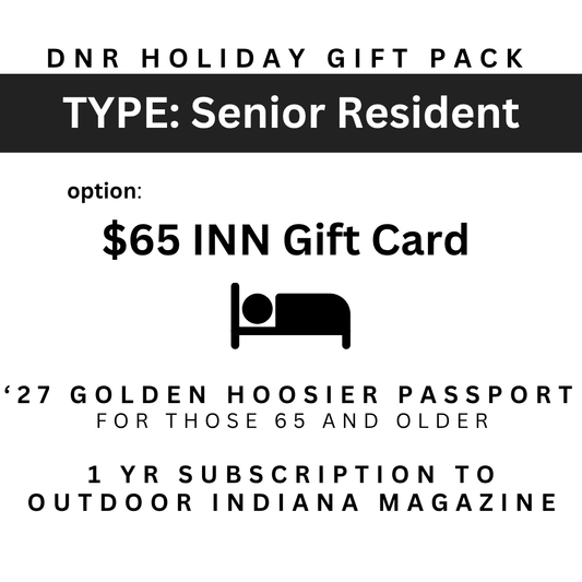 Image for a DNR State Park inns holiday gift pack with a $65.00 gift card, a 2027 State Parks Golden Hoosier Annual Entrance Pass for 65 and older, and a 1 year subscription to the Outdoor Indiana magazine with the image of a bed.