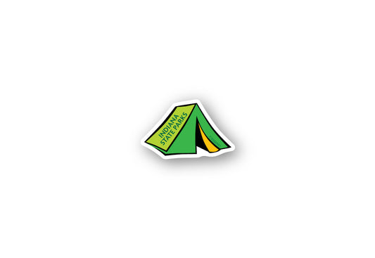 Sticker of a green tent with 'Indiana State Parks' text