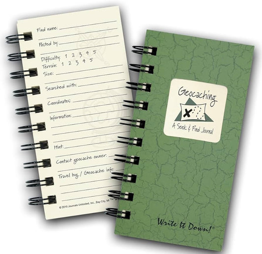 Green geocaching journal with a white label on a white background