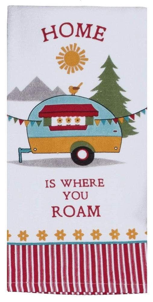 Towel with camper design and 'Home is where you roam' text on a white background