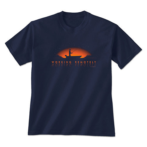 Navy blue t-shirt with orange graphic and 'Working Remotely' text on a white background
