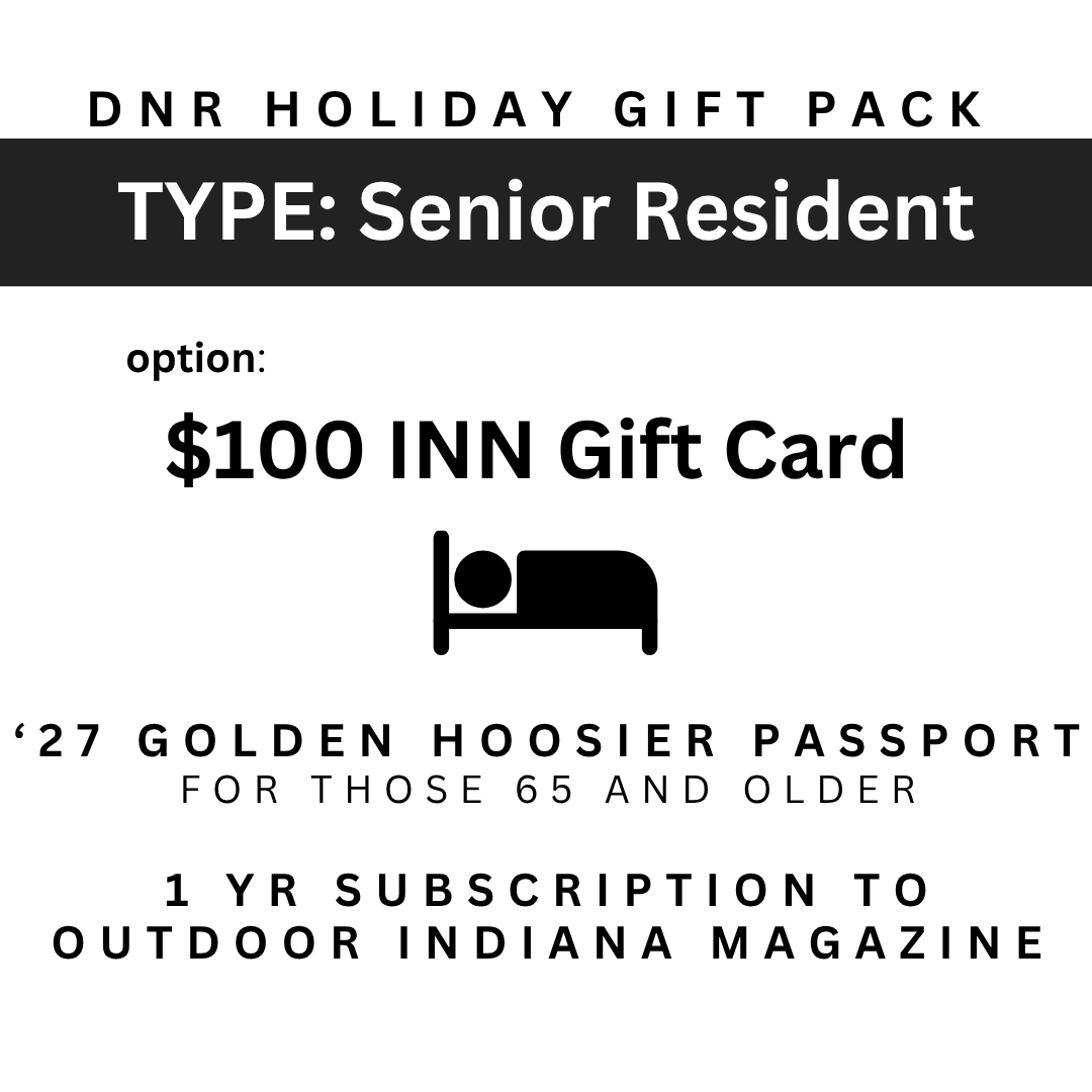 Image for a DNR State Park inns holiday gift pack with a $100.00 gift card, a 2027 State Parks Golden Hoosier Annual Entrance Pass for 65 and older, and a 1 year subscription to the Outdoor Indiana magazine with the image of a bed.