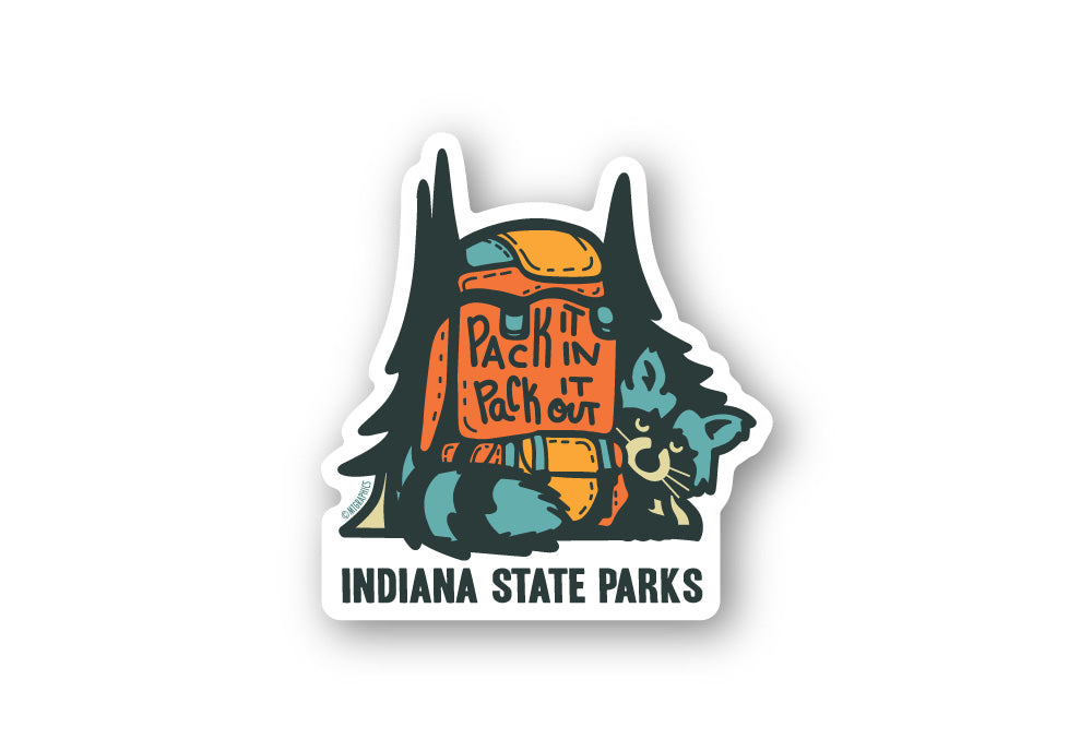 Sticker with a raccoon and a backpack with 'Pack it in; pack it out' text