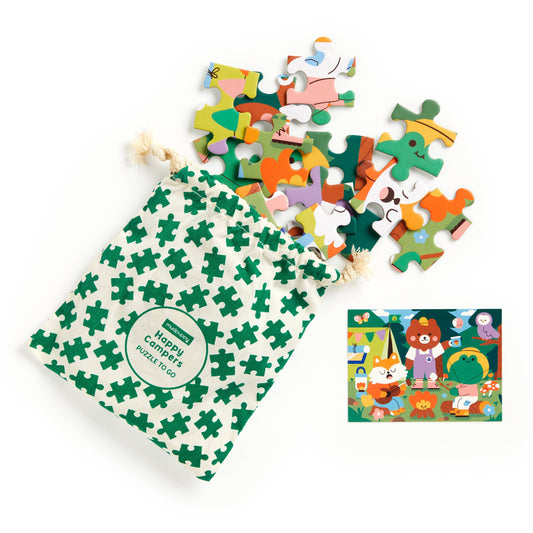 Children's puzzle with a green and white patterned bag and a small inset image of a cartoon scene.
