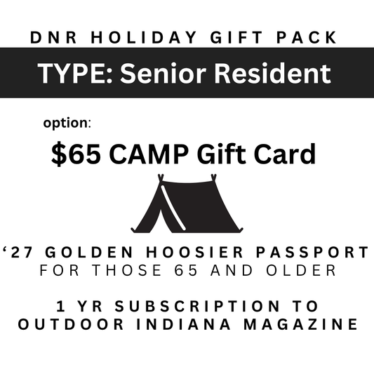 Image for a DNR camp holiday gift pack with a $65.00 gift card, a 2027 State Parks Golden Hoosier Annual Entrance Pass for 65 and older, and a 1 year subscription to the Outdoor Indiana magazine with the image of a tent.