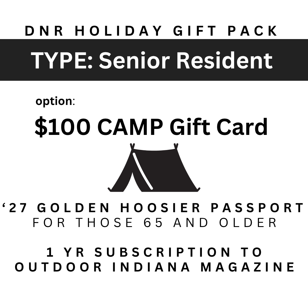 Image for a DNR camp holiday gift pack with a $100.00 gift card, a 2027 State Parks Golden Hoosier Annual Entrance Pass for 65 and older, and a 1 year subscription to the Outdoor Indiana magazine with the image of a tent.