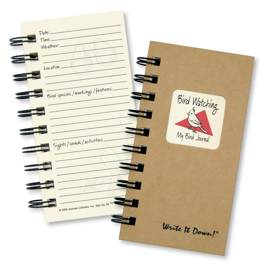 Beige, 3 in x 5 in hard-covered birdwatching journal with bird image and black text