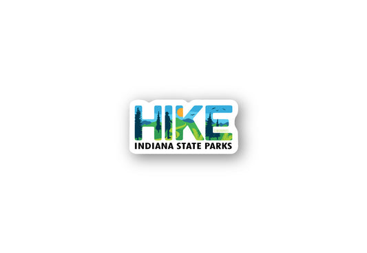 Sticker with 'HIKE Indiana State Parks' text