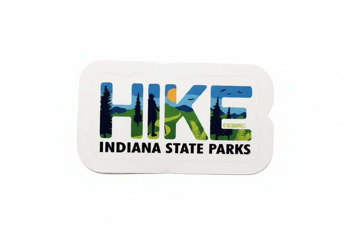 Sticker with 'HIKE Indiana State Parks' text