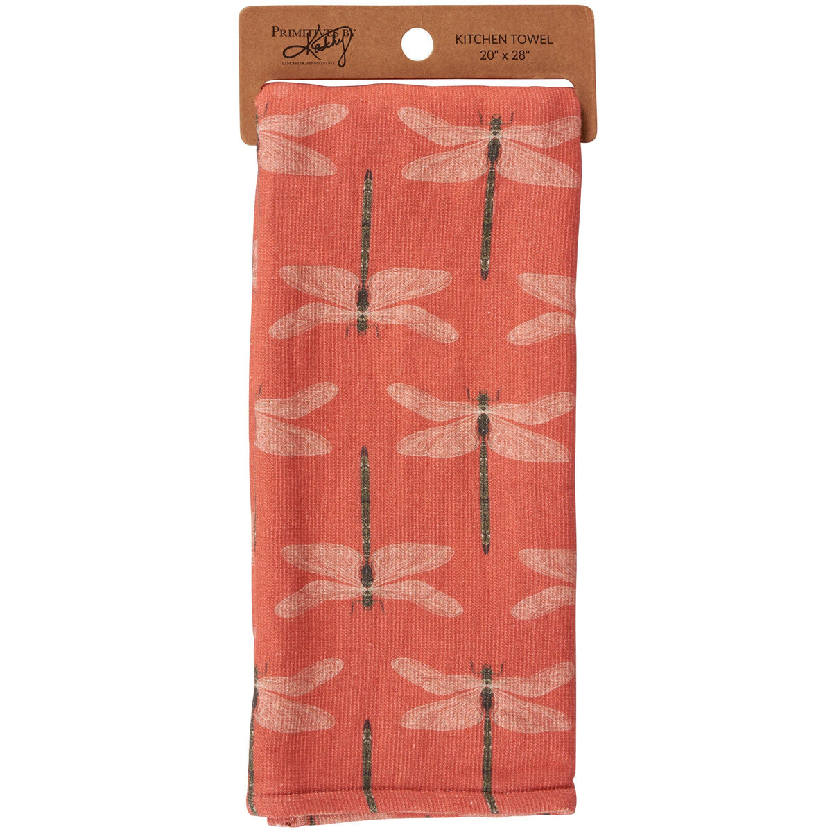 Red kitchen towel with dragonfly pattern in packaging on a white background