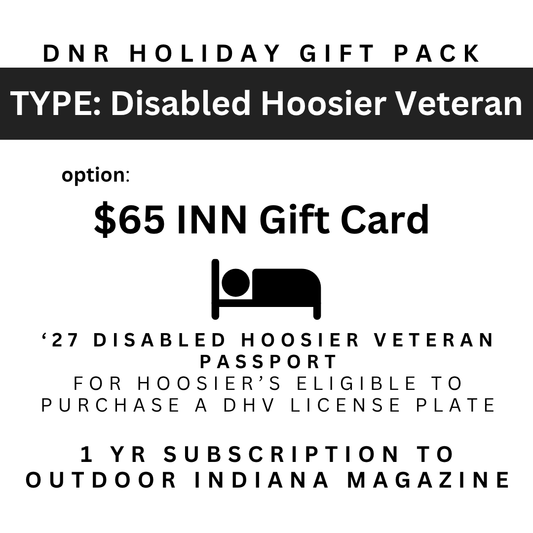 Image for a DNR State Park inns holiday gift pack with a $65.00 gift card, a 2027 State Parks Disabled Hoosier Veteran Annual Entrance Pass for Hoosier's eligible to purchase a DHV license plate, and a 1 year subscription to the Outdoor Indiana magazine with the image of a bed.