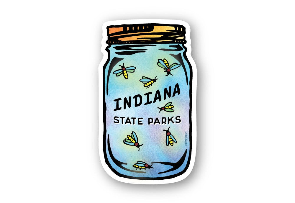 Sticker of a jar of fireflies with 'Indiana State Parks' text
