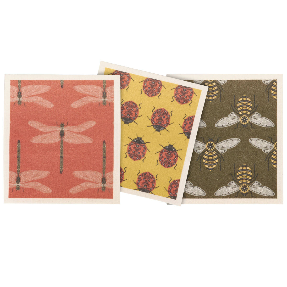 Three patterned dish cloths with dragonflies, ladybugs, and bees on a white background