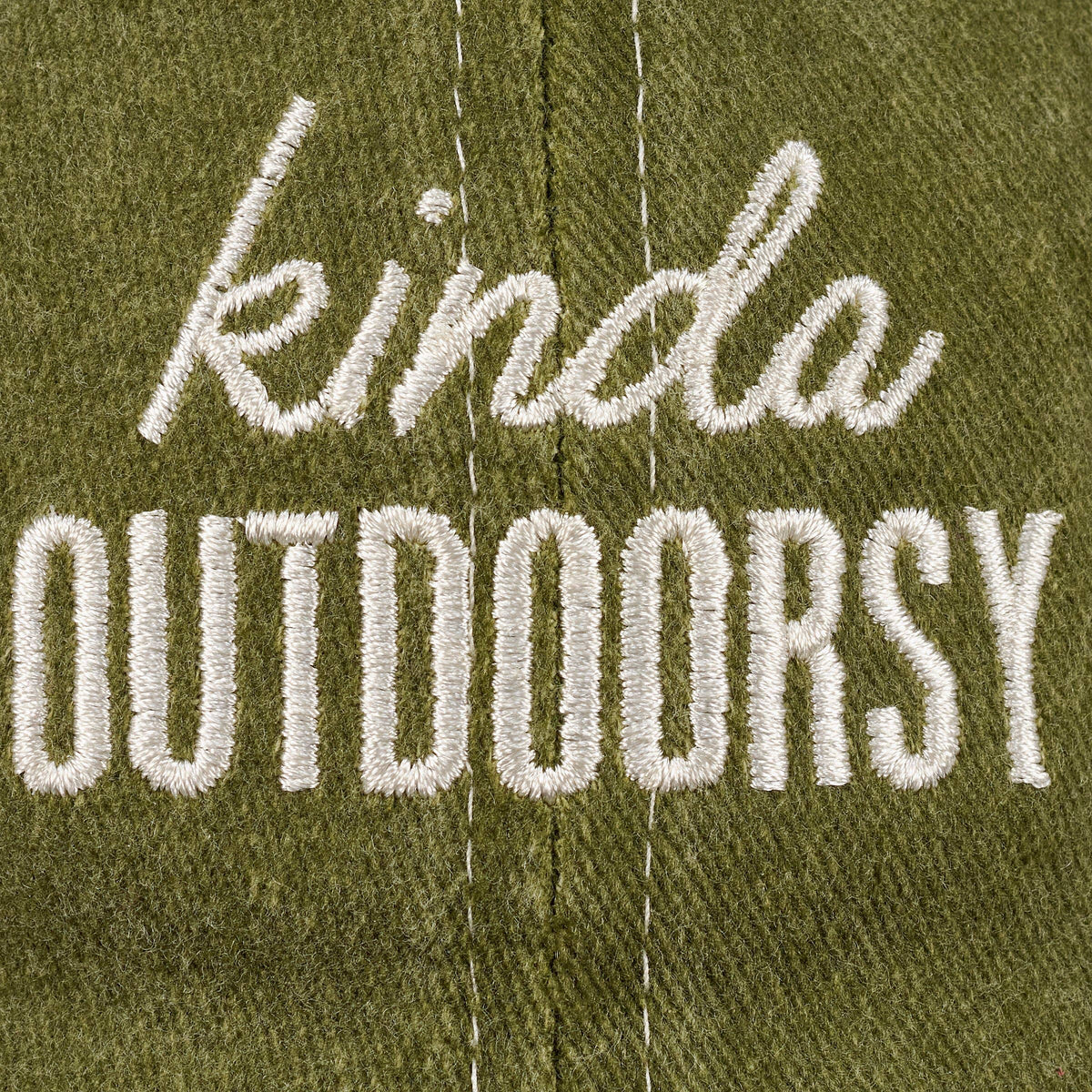 Green cap with 'kinda OUTDOORSY' text embroidered on it