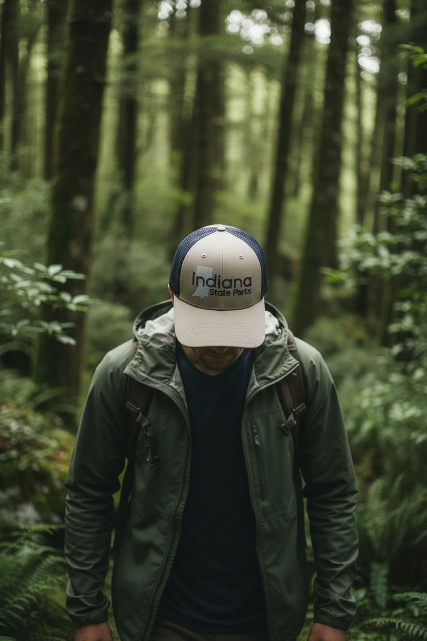 Beige and navy cap with 'Indiana State Parks' on model in a forest