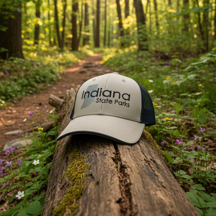 Beige and navy cap with 'Indiana State Parks' text on a white background