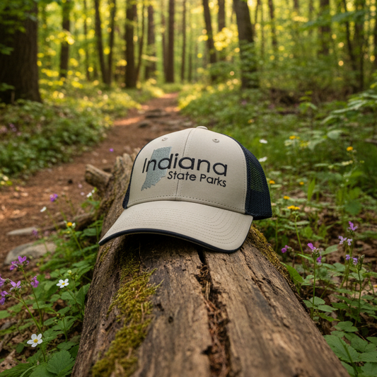Beige and navy cap with 'Indiana State Parks' text on a white background