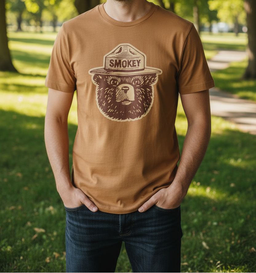 model wearing Brown t-shirt with bear graphic and 'Smokey' text with trees in the background