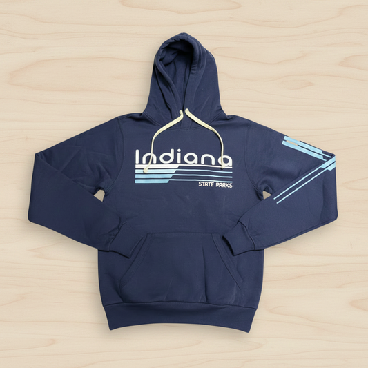 Navy blue hoodie with 'Indiana' text on a wood background
