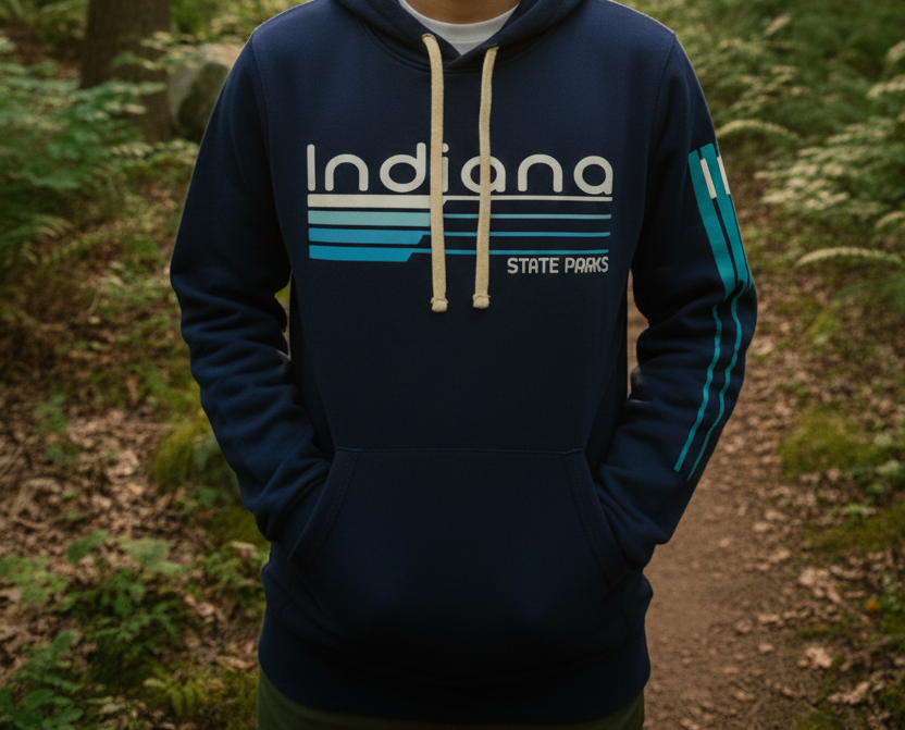 Person wearing a navy blue hoodie with 'Indiana State Parks' text in a forest setting