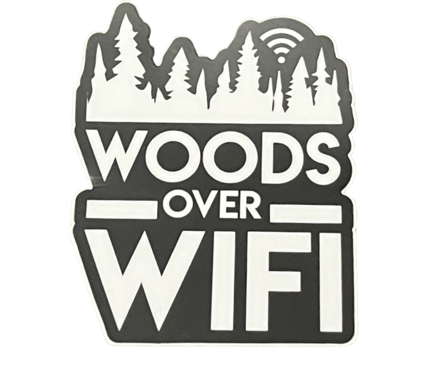 Sticker with 'Woods Over WiFi' text and forest design on a white background