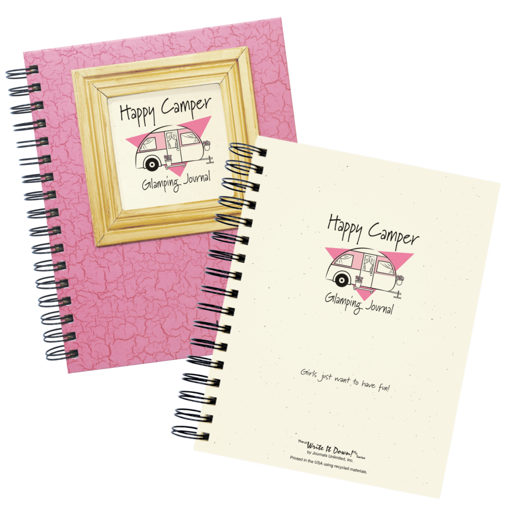 Two 'Happy Camper Glamping Journal' notebooks, one pink and one beige, with a gold frame on a white background.