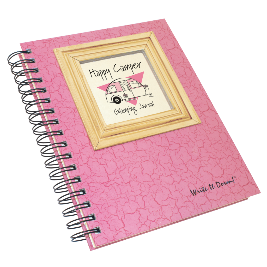 Pink notebook with a framed illustration of a camper on the cover