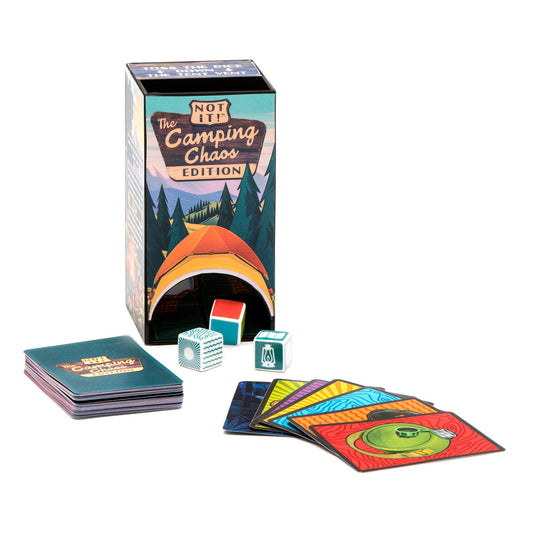 Card game set with colorful cards and a box titled 'Not the Camping Chaos Edition' on a white background.