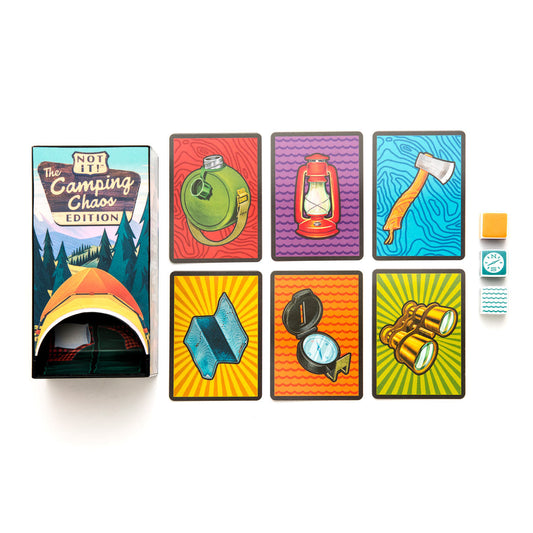 Colorful card game packaging with illustrations of camping-themed items on a white background