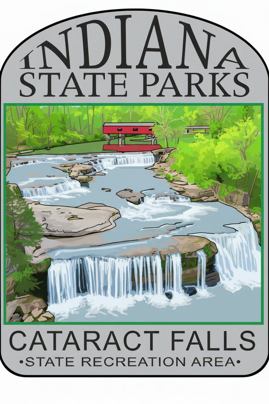 Cataract Falls enamel medallion with Indiana State Parks Cataract Falls in black text and an outlined image of a waterfall