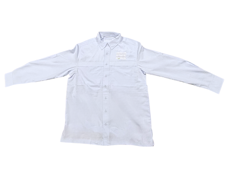 Light blue long sleeve button-up shirt with ' America's State Parks' logo in white text