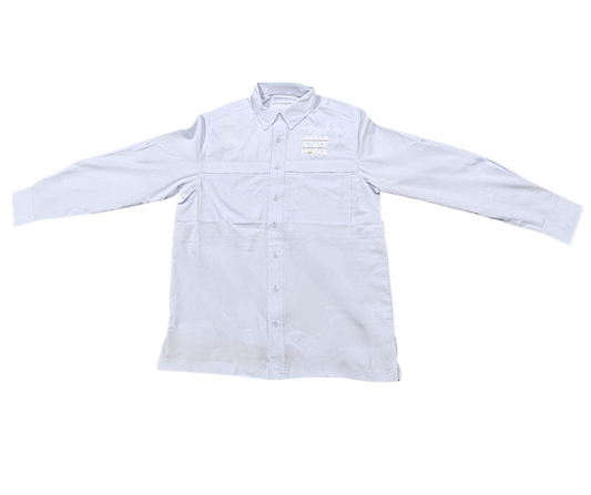Light blue long sleeve button-up shirt with ' America's State Parks' logo in white text