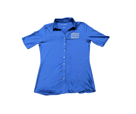 Women's blue short-sleeve shirt with 'America's State Parks' logo in white text