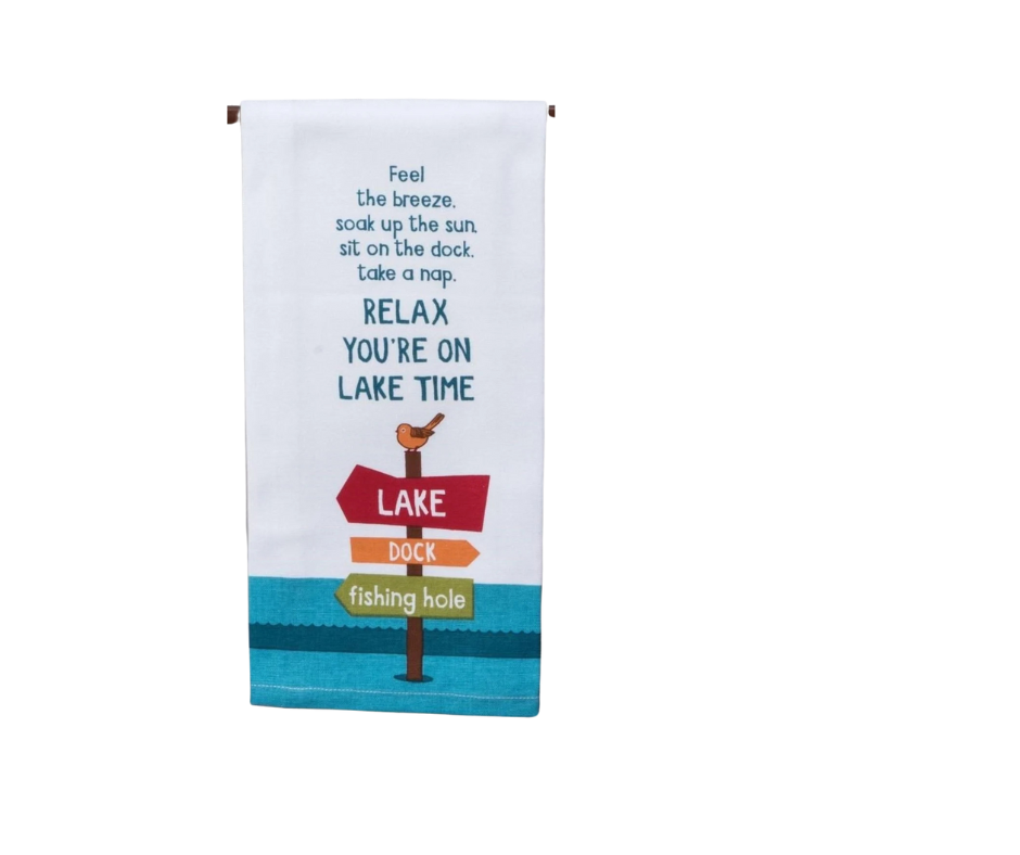 Decorative towel with blue text saying 
'Relax You're on Lake Time' and graphics  of an orange bird and red, orange, and green signs that say 'Lake', 'Dock', and 'Fishing Hole' on a white background