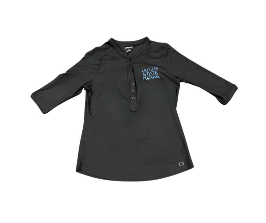 Women's black long-sleeve half button shirt with 'America's State Parks' in blue text