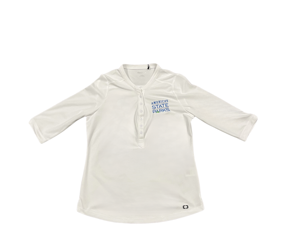 Women's white long-sleeve half button shirt with 'America's State Parks' logo in blue text