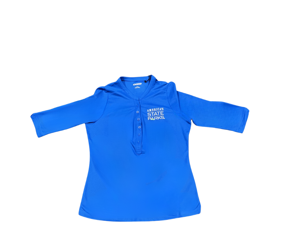 Women's blue long-sleeve half button shirt with 'America's State Parks' logo in white text
