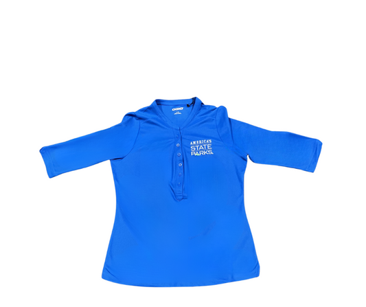 Women's blue long-sleeve half button shirt with 'America's State Parks' logo in white text